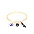 The Blue Evil Eye Figa Hand Curb Chain with 3 Lucky Charms bracelet features a gold chain adorned with three captivating charms: a blue and white evil eye, a faceted black bead, and an Azabache charm shaped like a small black hand. It is elegantly displayed against a plain white background.